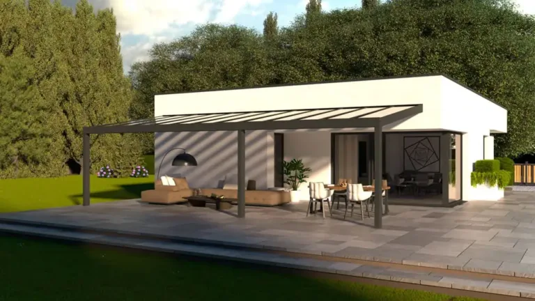 Classic L Plus am Bungalow Classic L Plus in Anthrazit an einem weißen Bungalow mit großer Terrasse