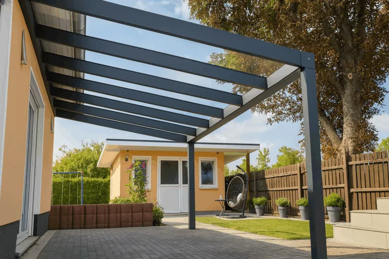 Classic L Plus große Spannweite am Gartenhaus Freitragende Classic L Plus in Anthrazit mit großer Spannweite vor dem Gartenhaus