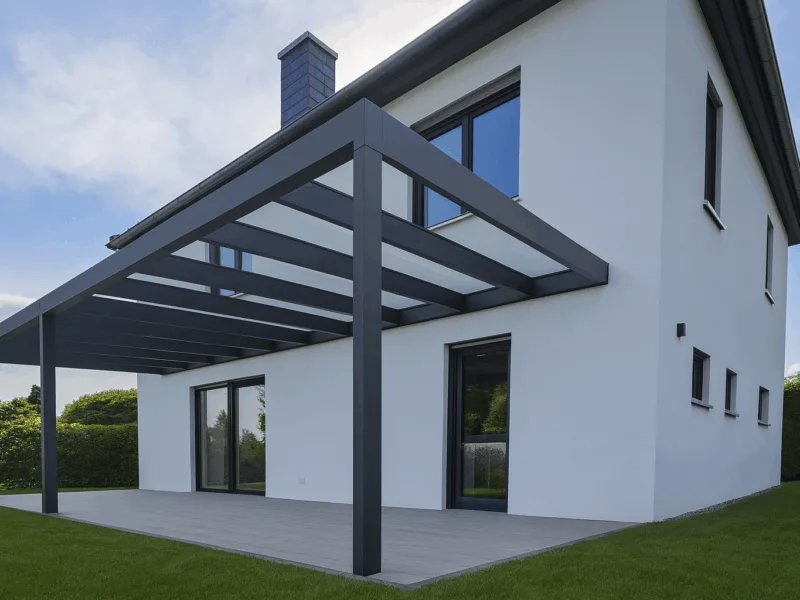 Moderne Terrasse mit Pergola und Garten