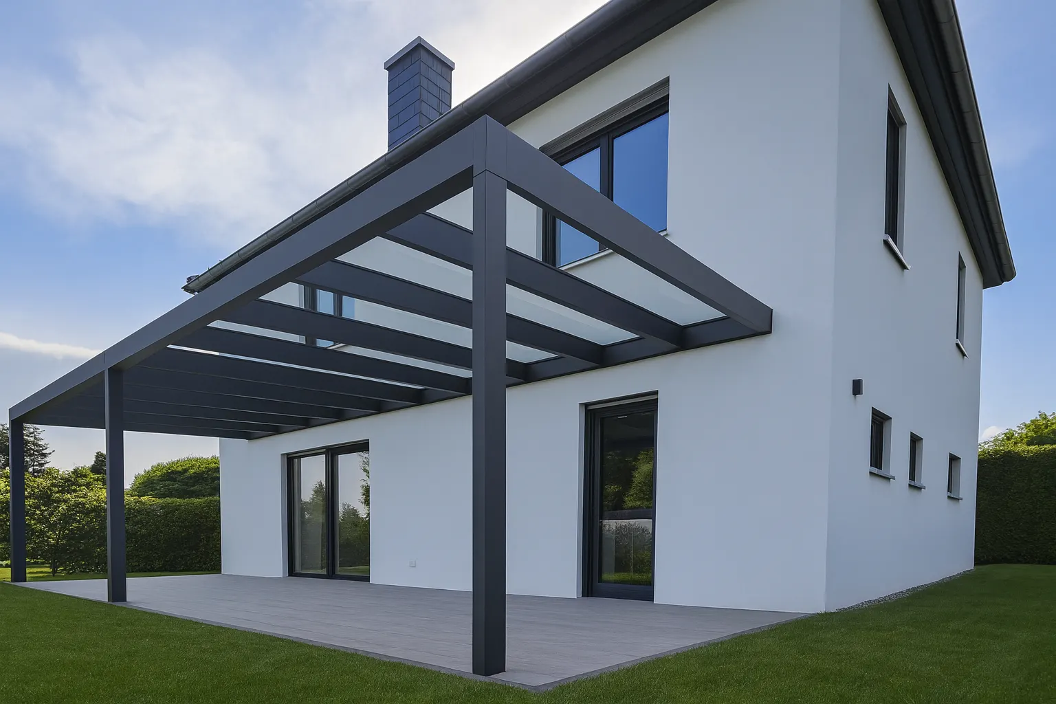 Classic L Plus in Anthrazit an einem modernen weißen Neubau