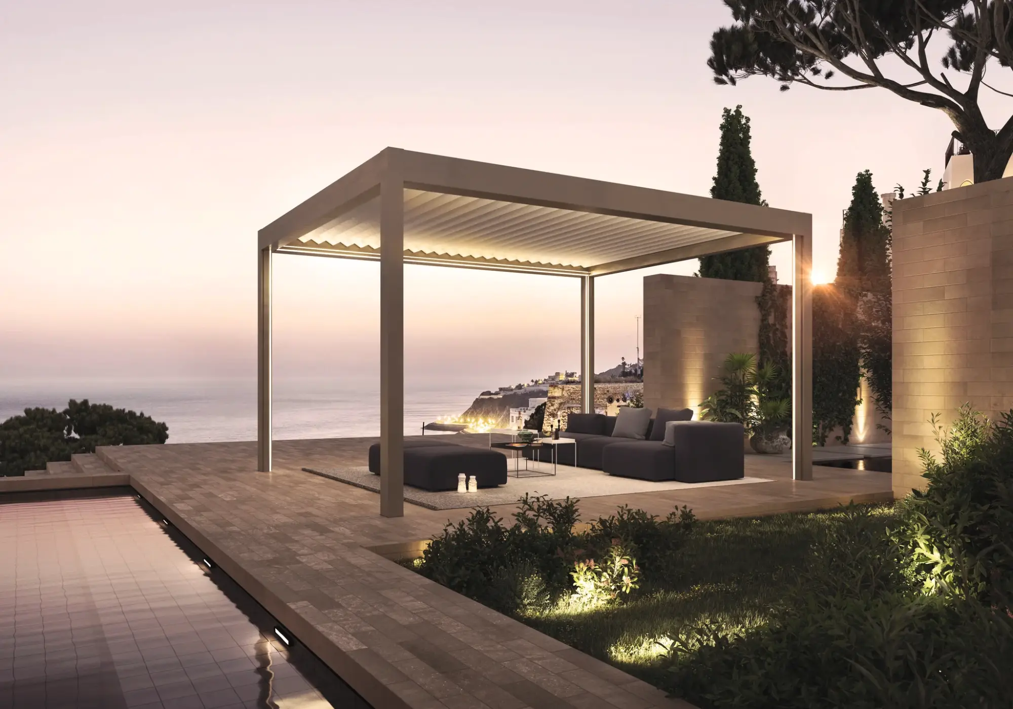 Lamellen-Pergola mit LED-Beleuchtung am Abend